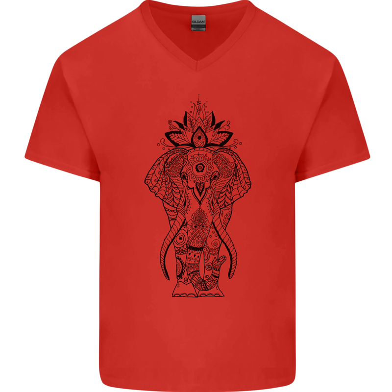 Black Mandala Art Elephant Mens V-Neck Cotton T-Shirt Red