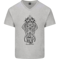 Black Mandala Art Elephant Mens V-Neck Cotton T-Shirt Sports Grey