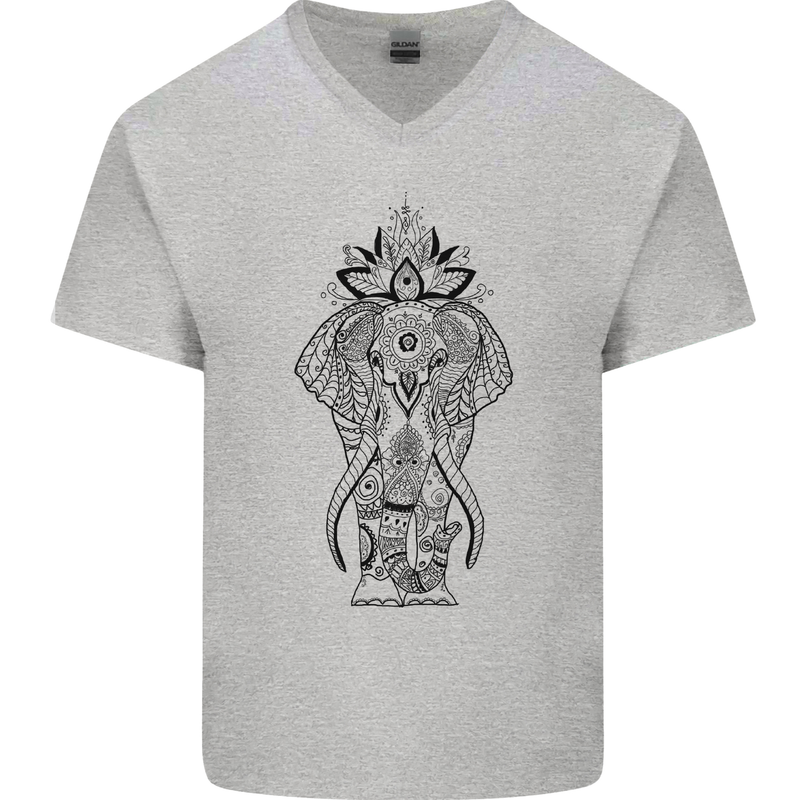 Black Mandala Art Elephant Mens V-Neck Cotton T-Shirt Sports Grey