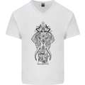 Black Mandala Art Elephant Mens V-Neck Cotton T-Shirt White