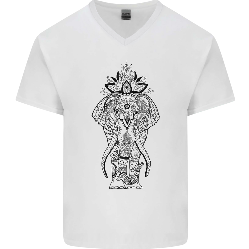 Black Mandala Art Elephant Mens V-Neck Cotton T-Shirt White