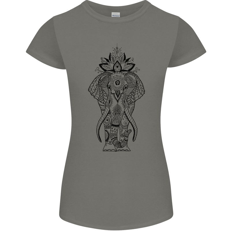 Black Mandala Art Elephant Womens Petite Cut T-Shirt Charcoal