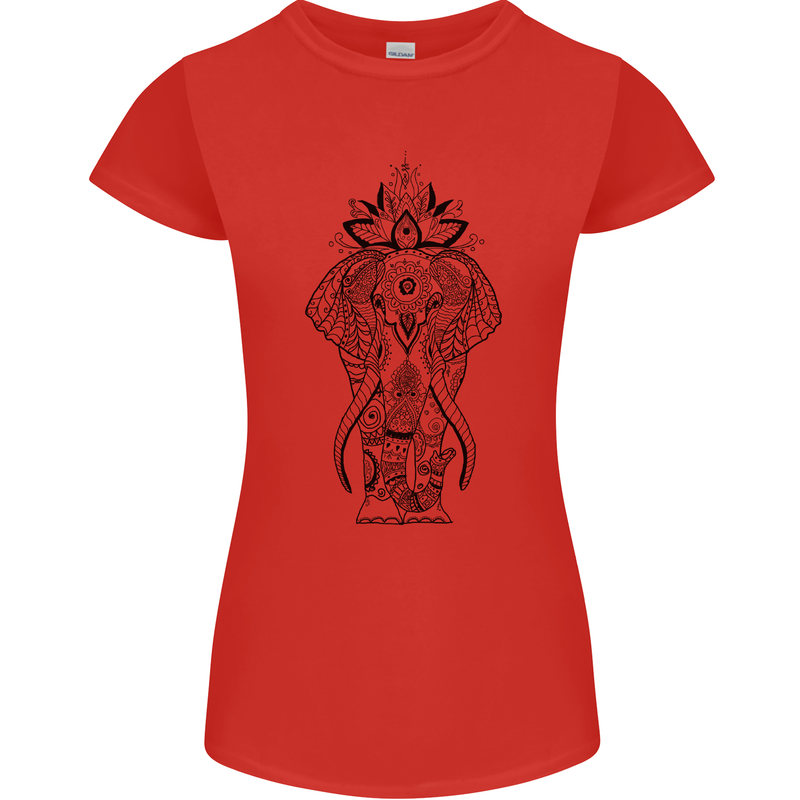 Black Mandala Art Elephant Womens Petite Cut T-Shirt Red