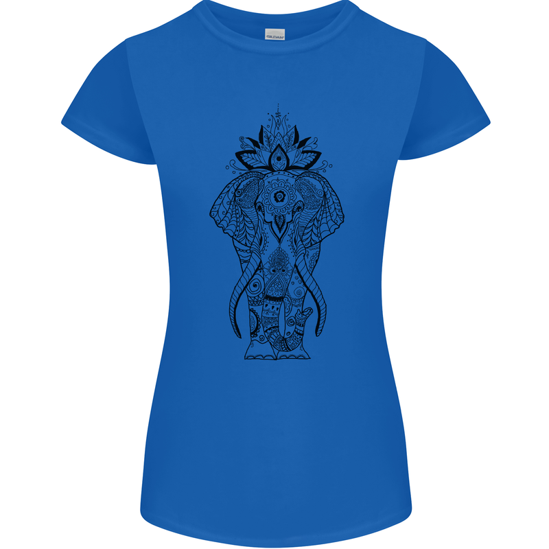 Black Mandala Art Elephant Womens Petite Cut T-Shirt Royal Blue