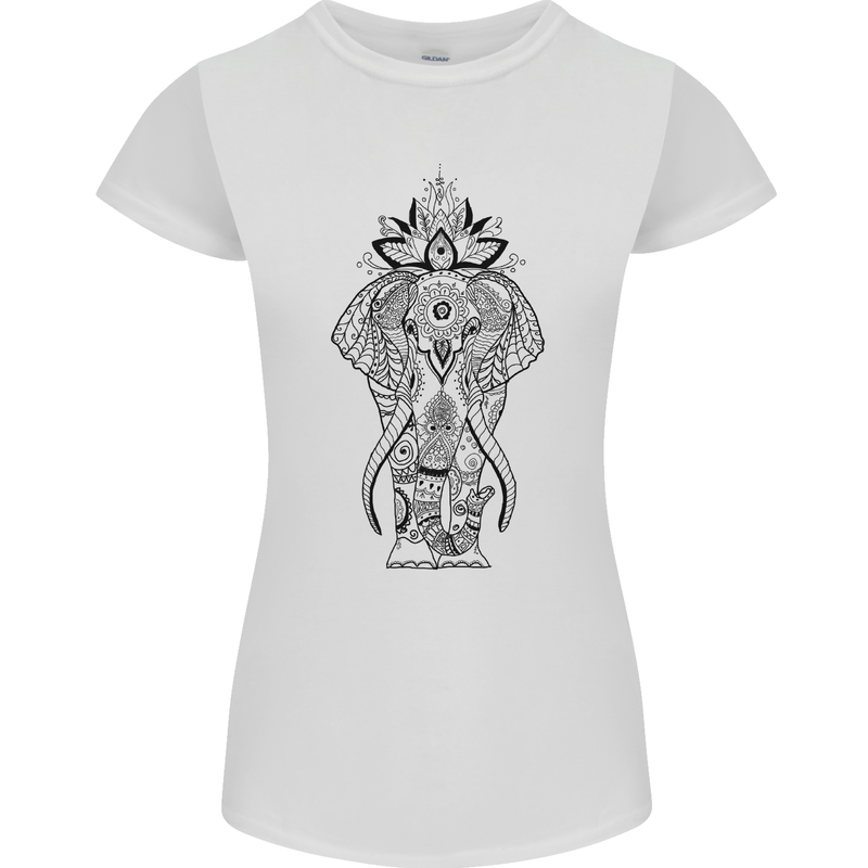 Black Mandala Art Elephant Womens Petite Cut T-Shirt White