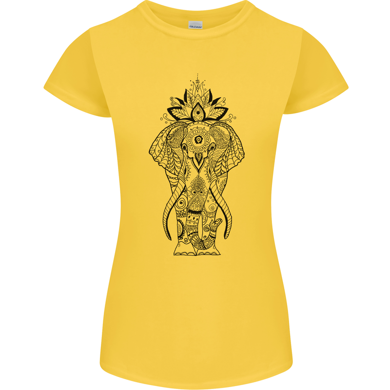 Black Mandala Art Elephant Womens Petite Cut T-Shirt Yellow