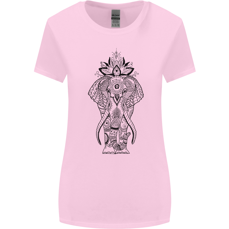 Black Mandala Art Elephant Womens Wider Cut T-Shirt Light Pink