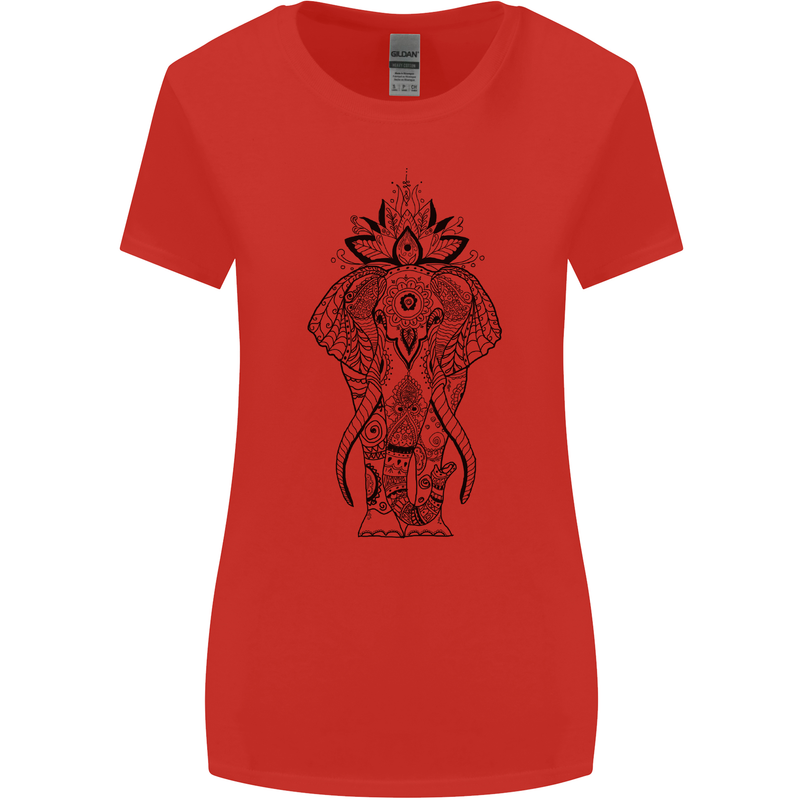Black Mandala Art Elephant Womens Wider Cut T-Shirt Red