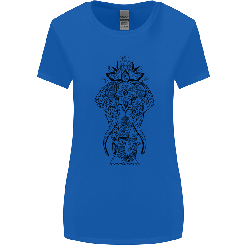 Black Mandala Art Elephant Womens Wider Cut T-Shirt Royal Blue