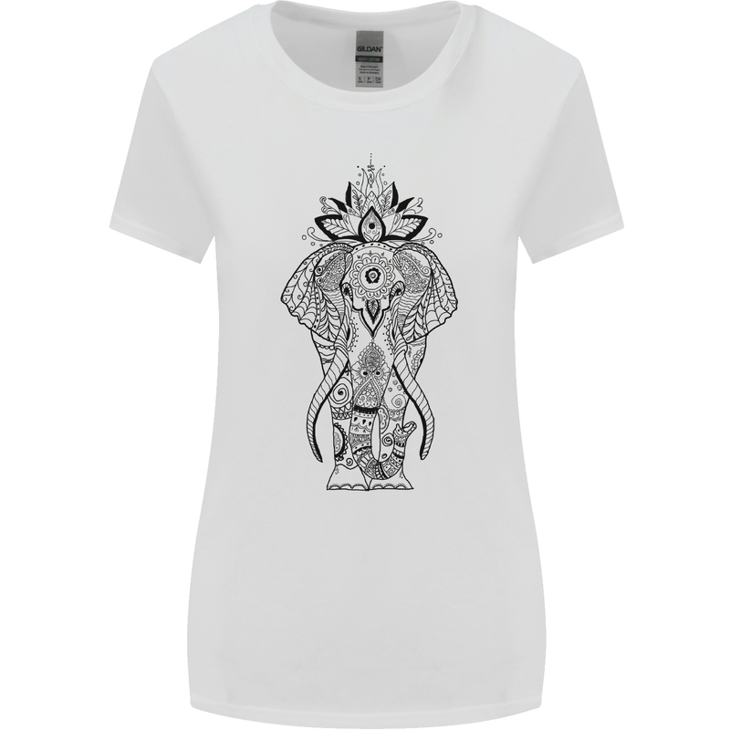 Black Mandala Art Elephant Womens Wider Cut T-Shirt White