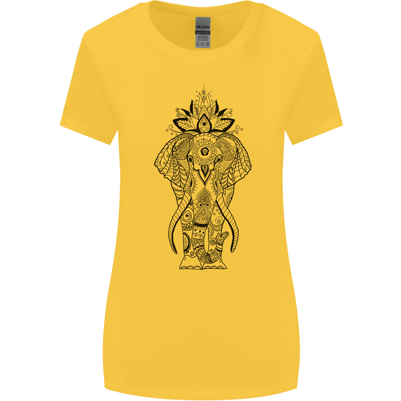 Black Mandala Art Elephant Womens Wider Cut T-Shirt Yellow