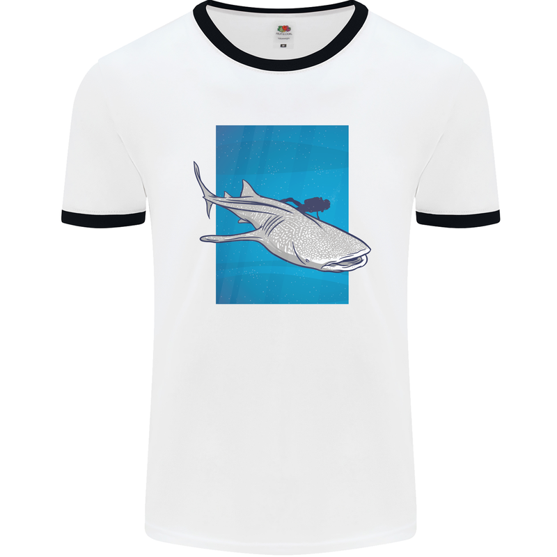 A Whale Shark and Scuba Diver Mens White Ringer T-Shirt White/Black