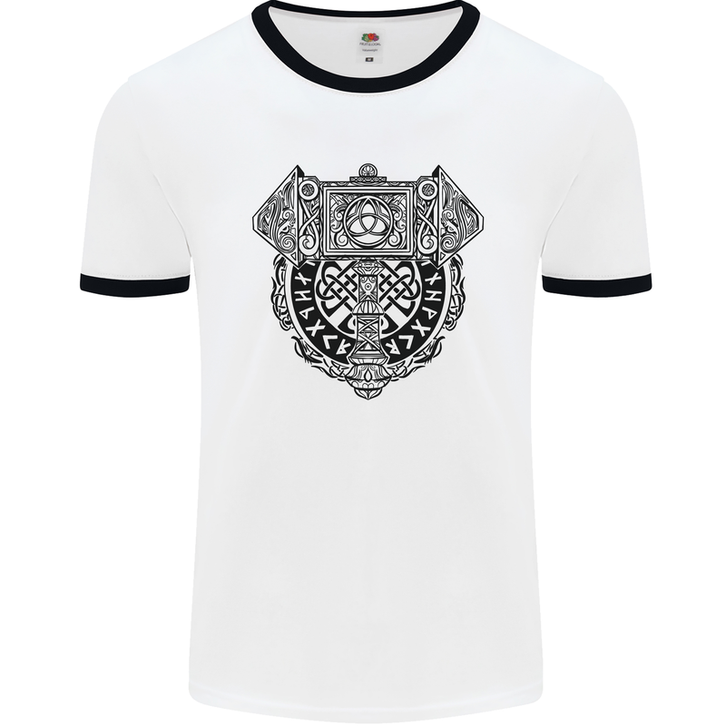 Mjolnir Thor Viking Hammer Mens Ringer T-Shirt White/Black