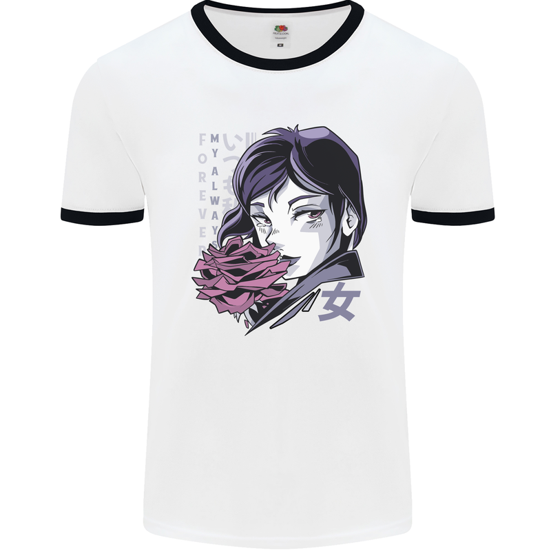 Anime Girl With Flowers Mens Ringer T-Shirt White/Black