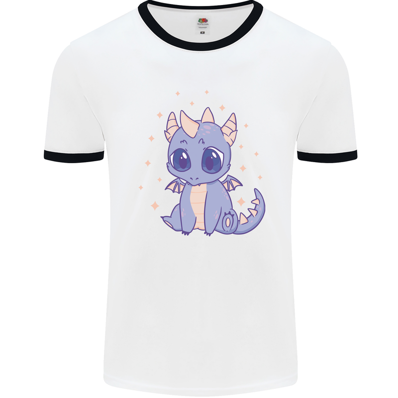 Cute Kawaii Baby Dragon Mens White Ringer T-Shirt White/Black