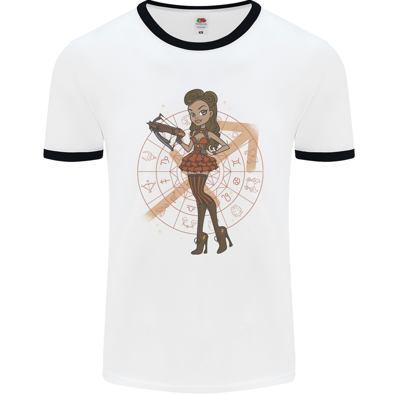 Sagittarius Steampunk Woman Star Sign Mens Ringer T-Shirt White/Black