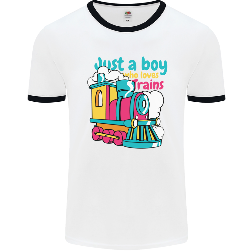 Just a Boy Who Loves Trains Spotter Engine Mens White Ringer T-Shirt White/Black