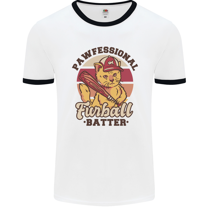 Furball Batter Funny Cat Baseball Humour Mens Ringer T-Shirt White/Black