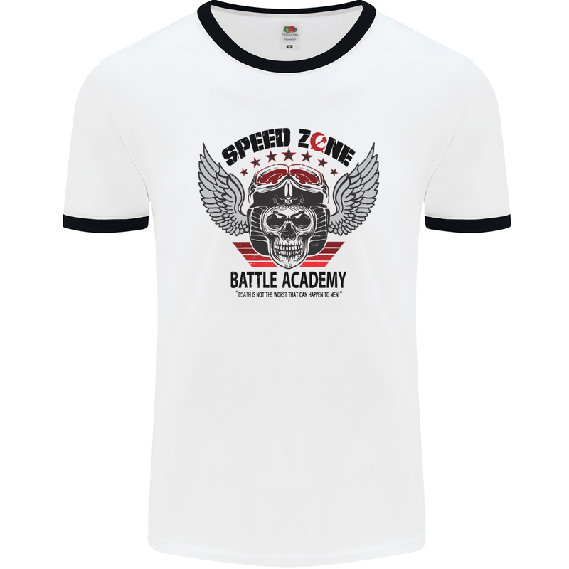 Speed Zone Motorcycle Motorbike Biker Mens White Ringer T-Shirt White/Black