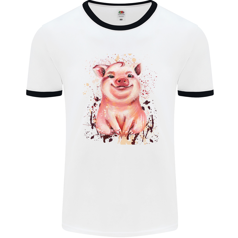 Watercolour Pig Mens White Ringer T-Shirt White/Black