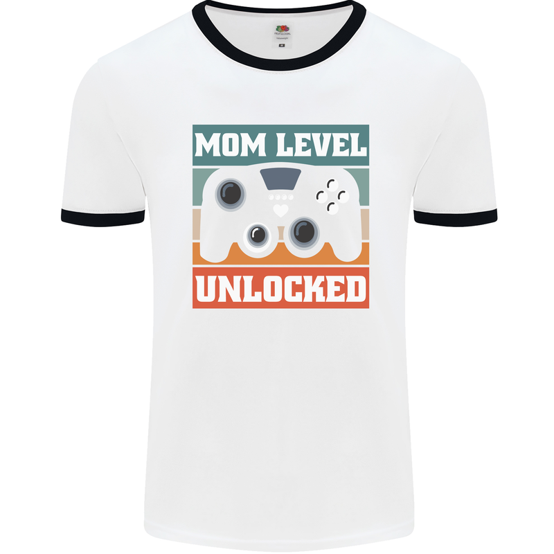 Mom Level Unlocked New Mommy Baby Born Mens White Ringer T-Shirt White/Black