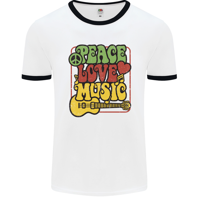 Peace Love Music Guitar Hippy Flower Power Mens Ringer T-Shirt White/Black