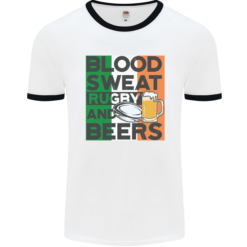 Blood Sweat Rugby and Beers Ireland Funny Mens White Ringer T-Shirt White/Black