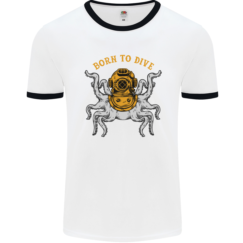 Born to Dive Octopus Scuba Diving Diver Mens White Ringer T-Shirt White/Black