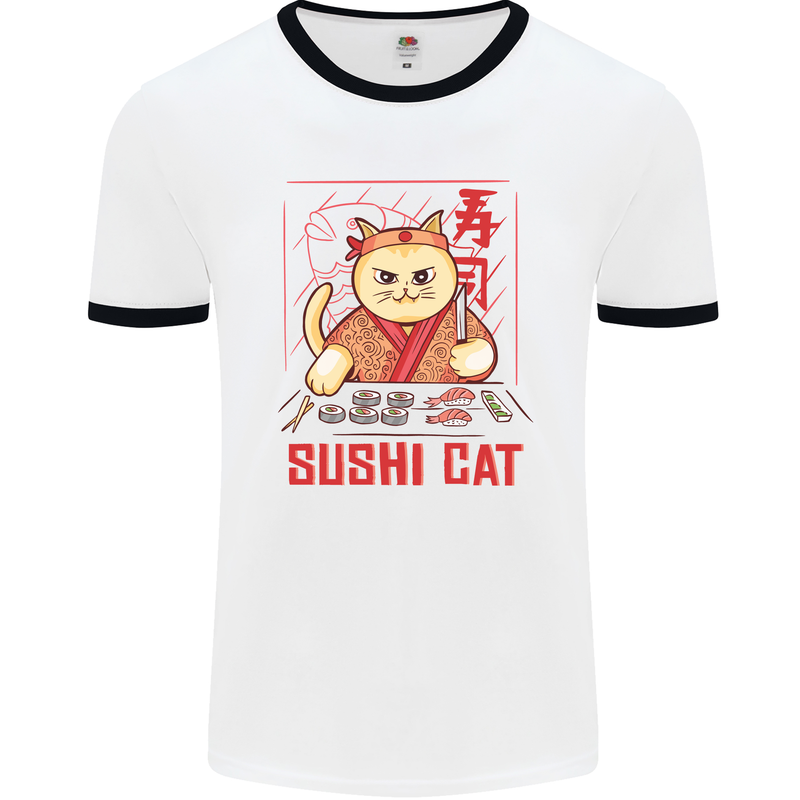 Funny Sushi Cat Food Fish Chef Japan Mens White Ringer T-Shirt White/Black