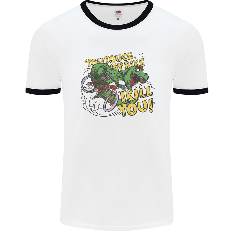 T-Rex Dinosaur Funny Cycling Cyclist Mens Ringer T-Shirt White/Black