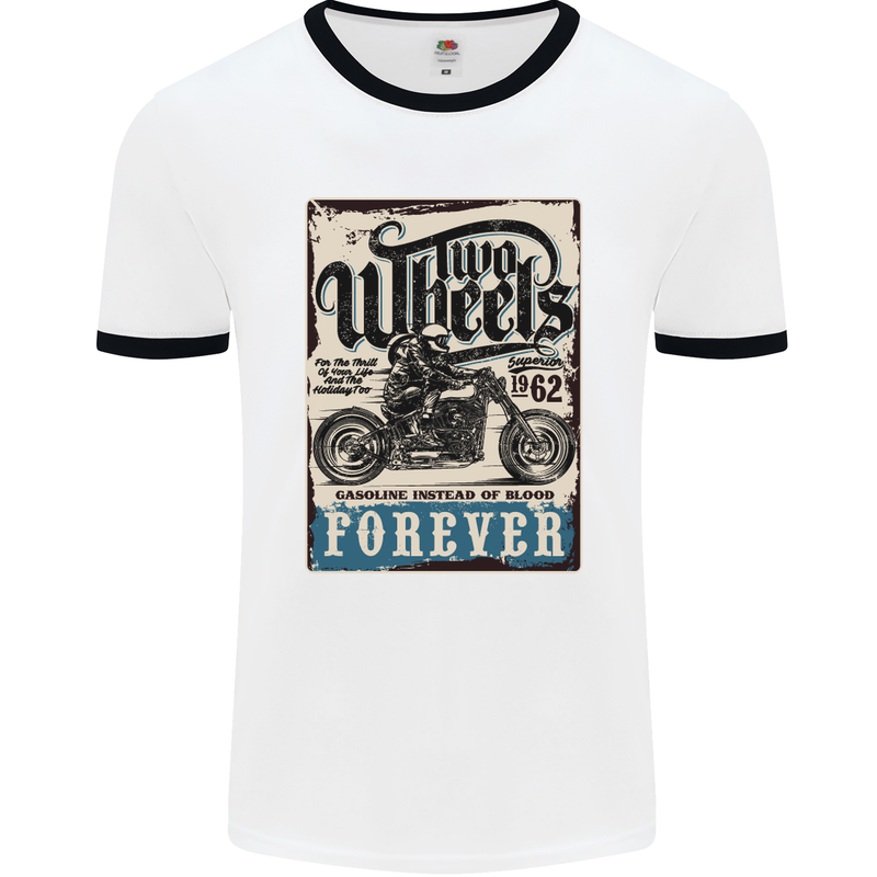 Two Wheels Biker Motorcycle Motorbike Mens White Ringer T-Shirt White/Black