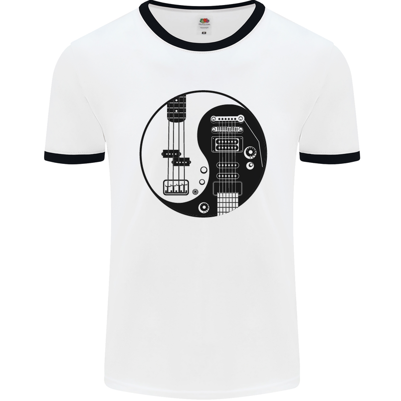 Ying Yang Guitar Guitarist Electric Bass Mens White Ringer T-Shirt White/Black