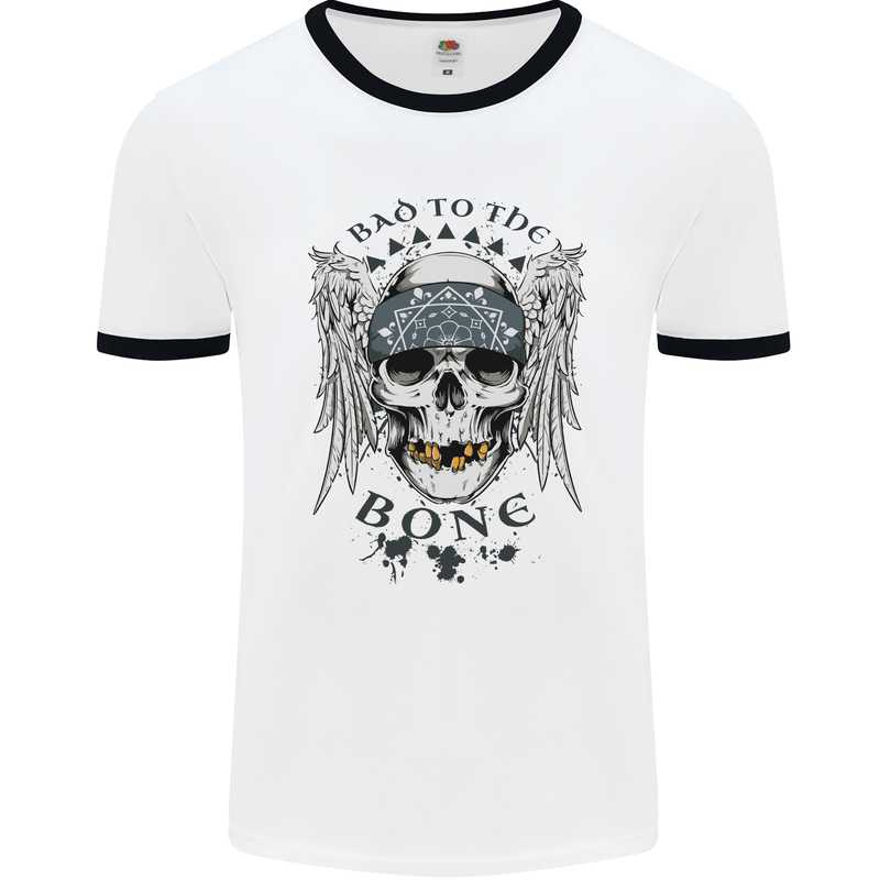 Bad to the Bone Biker Skull Angel Motorbike Mens White Ringer T-Shirt White/Black