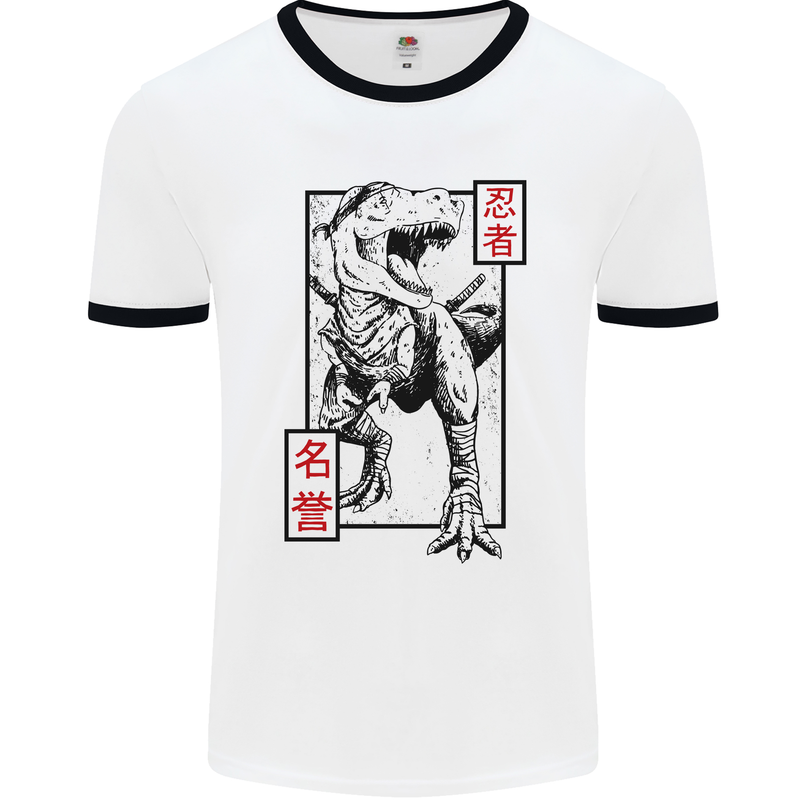 Japanese T-Rex Ninja MMA Mixed Martial Arts Mens White Ringer T-Shirt White/Black