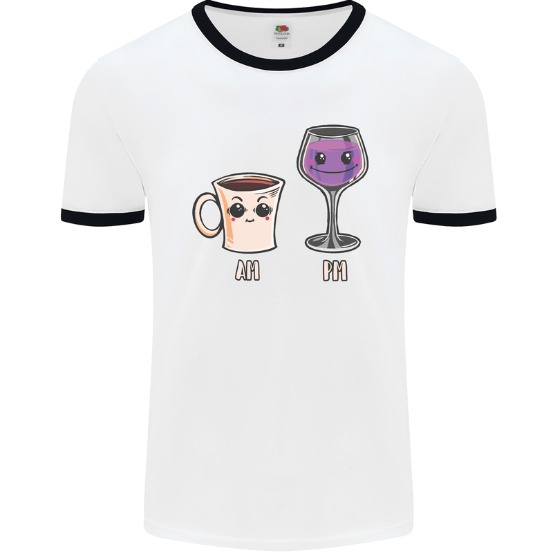 Coffee am Wine pm Funny Alcohol Prosecco Mens White Ringer T-Shirt White/Black