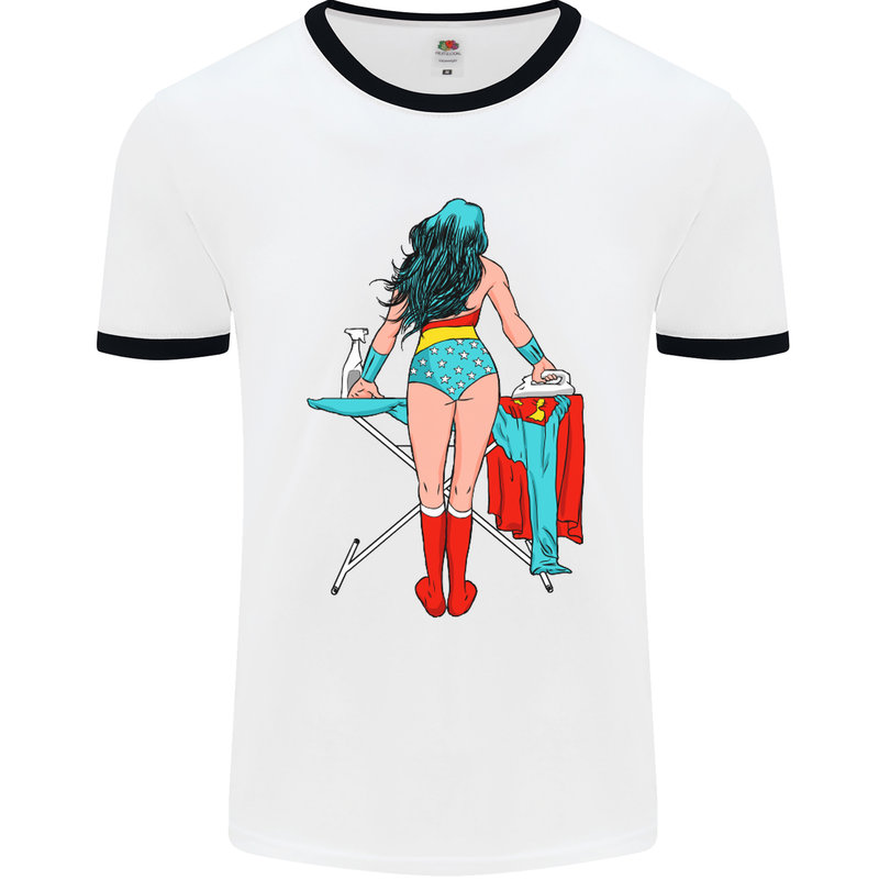 Ironing Superhero Funny Mens White Ringer T-Shirt White/Black