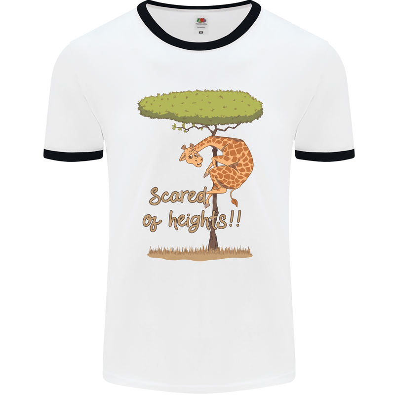 Scared of Heights Funny Giraffe Acrophobia Mens Ringer T-Shirt White/Black