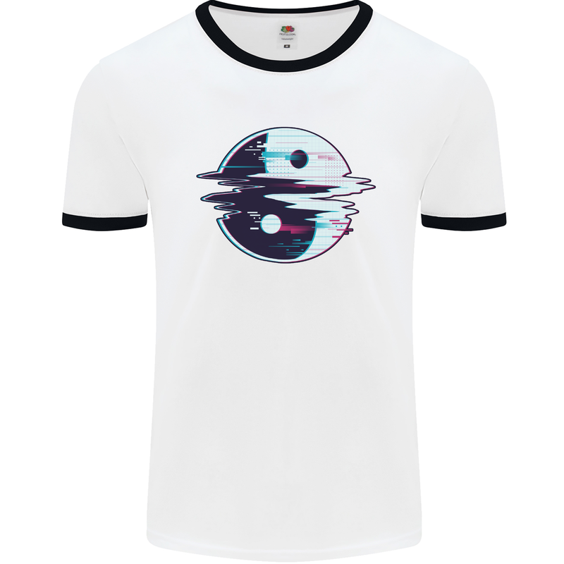 Yin Yang Glitch Yoga Meditation SCI-FI MMA Mens White Ringer T-Shirt White/Black