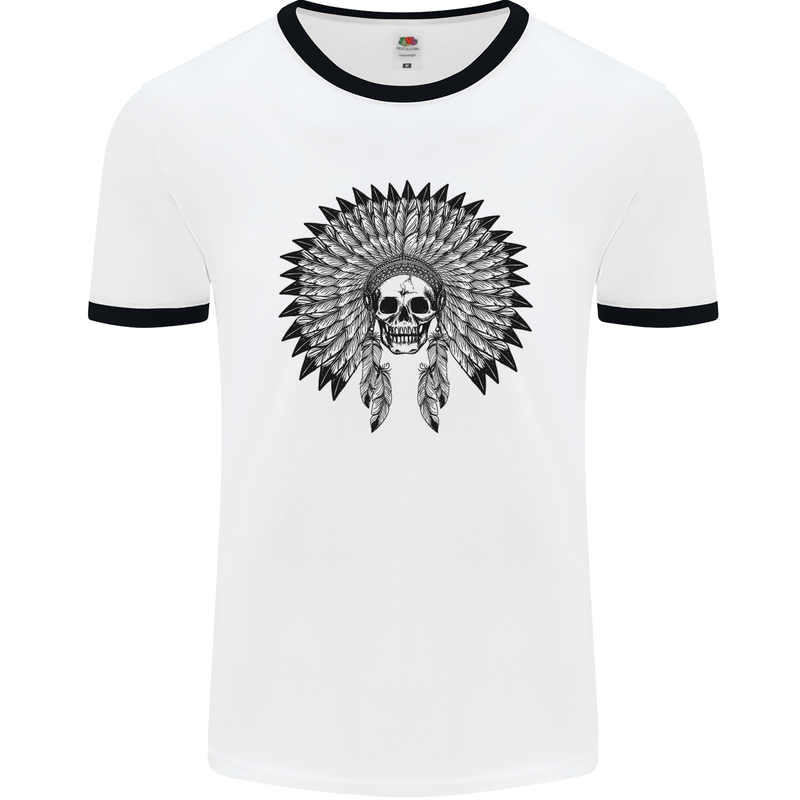 Indian Skull Headdress Biker Motorcycle Mens White Ringer T-Shirt White/Black