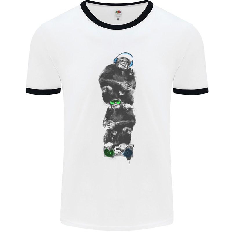 Monkey Music Ghetto Blaster Retro Funny Mens White Ringer T-Shirt White/Black