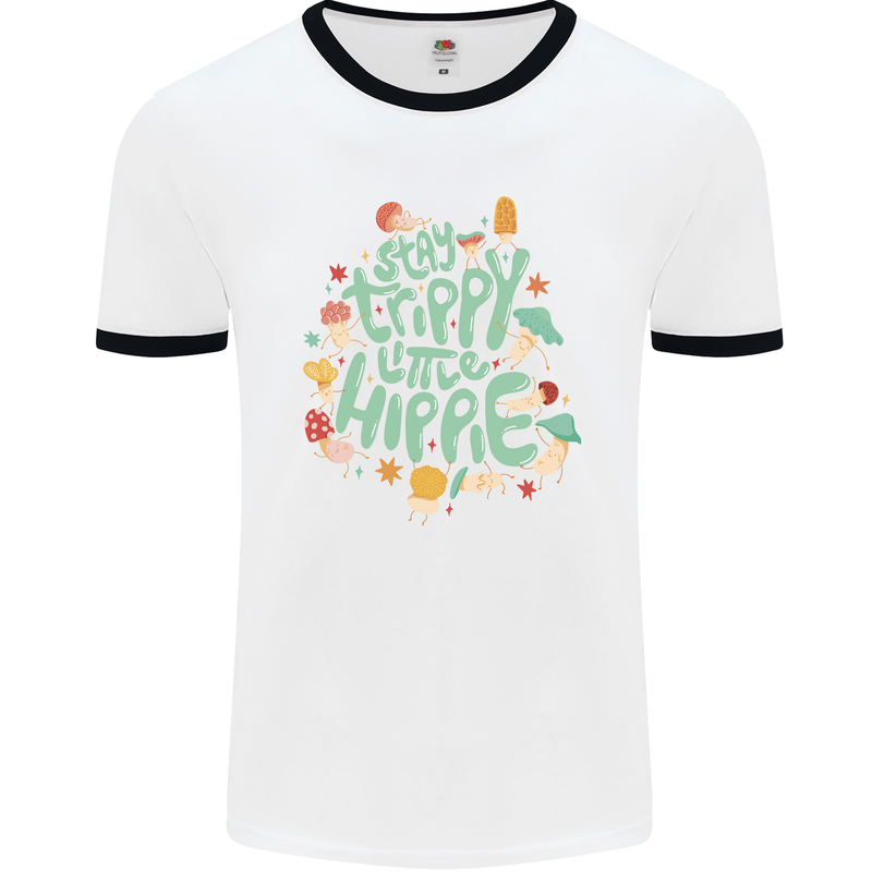 Stay Trippy Hippy Magic Mushrooms Drugs Mens White Ringer T-Shirt White/Black