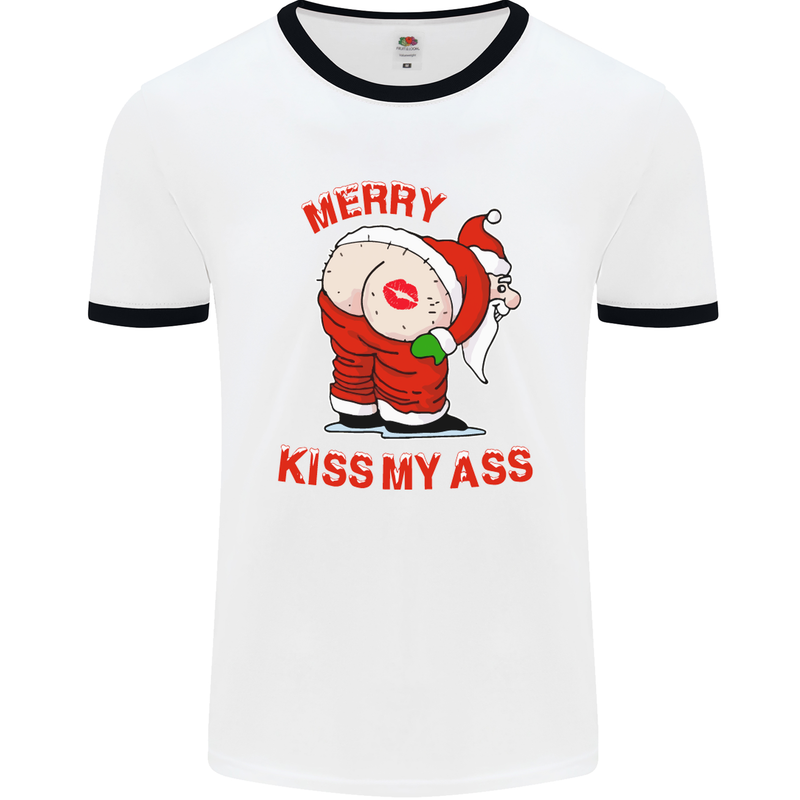 Merry Kiss My Ass Funny Christmas Mens White Ringer T-Shirt White/Black