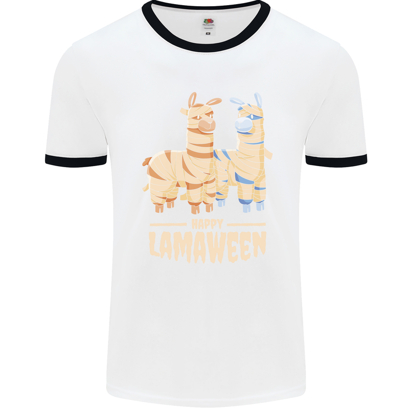 Happy Lamaween Funny Lama Halloween Mens White Ringer T-Shirt White/Black