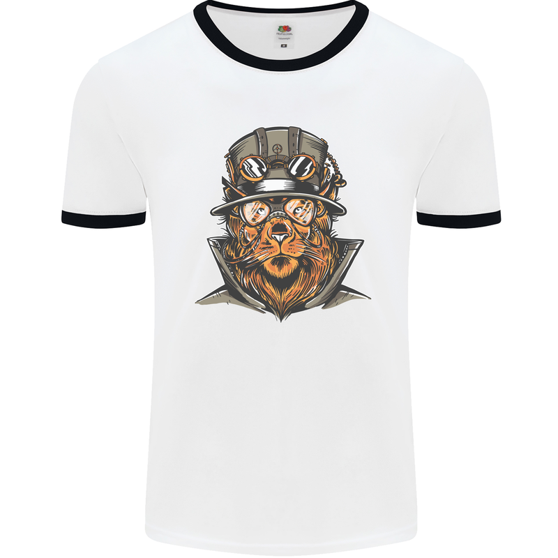 Steampunk Lion Mens White Ringer T-Shirt White/Black