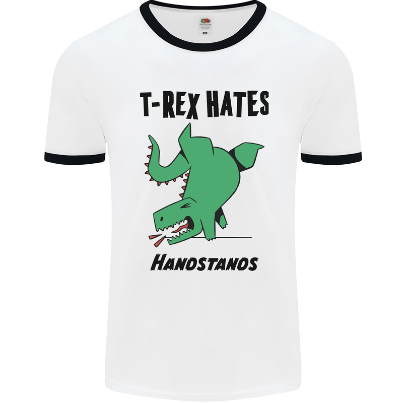 T-Rex Hates Handstands Funny Dinosaurs Mens White Ringer T-Shirt White/Black