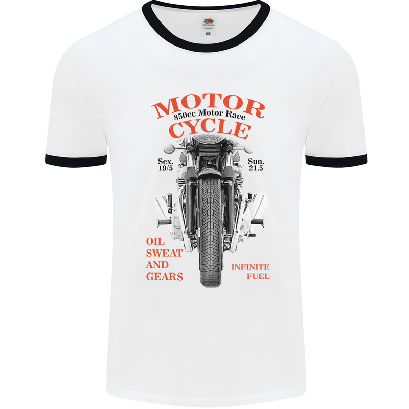 850cc Motor Race Biker Motorcycle Motorbike Mens White Ringer T-Shirt White/Black