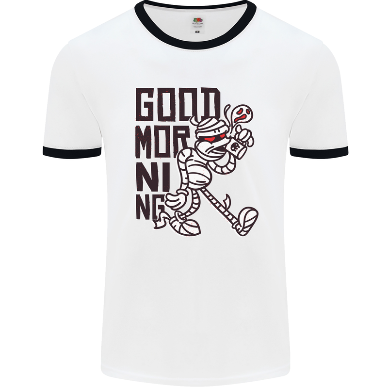 Good Morning Mummy Coffee Halloween Mens White Ringer T-Shirt White/Black