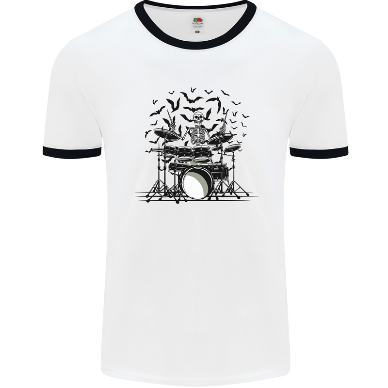 Skeleton Drummer Drumming Drum Skull Funny Mens White Ringer T-Shirt White/Black