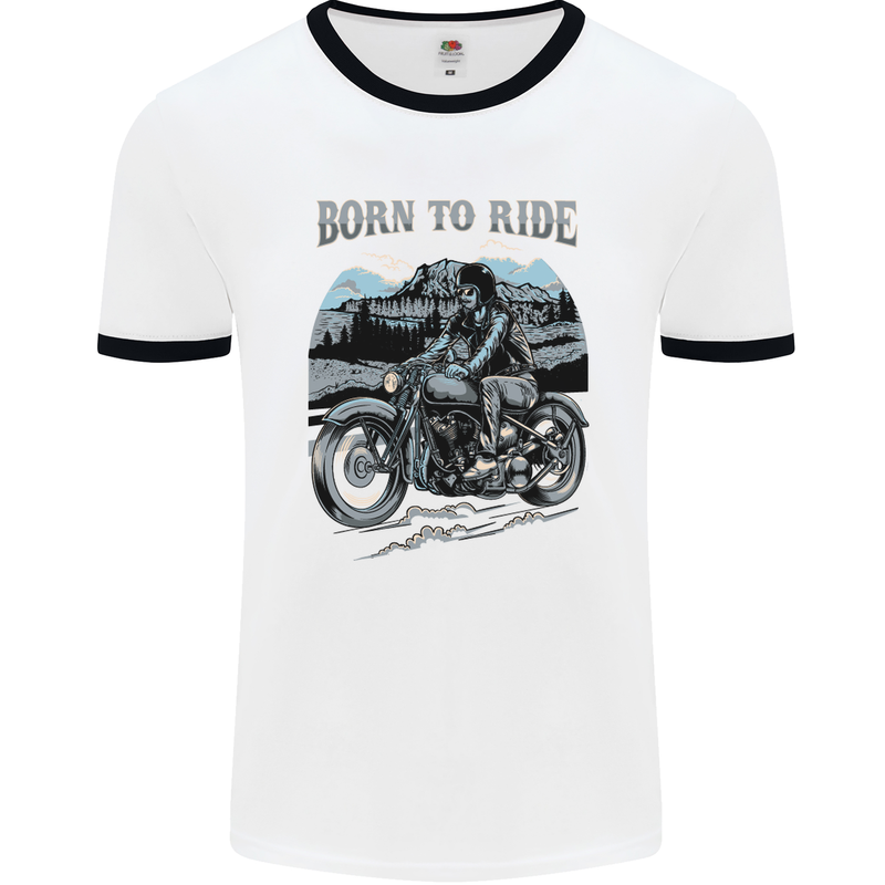 Born to Ride Motorbike Motorcycle Biker Mens White Ringer T-Shirt White/Black