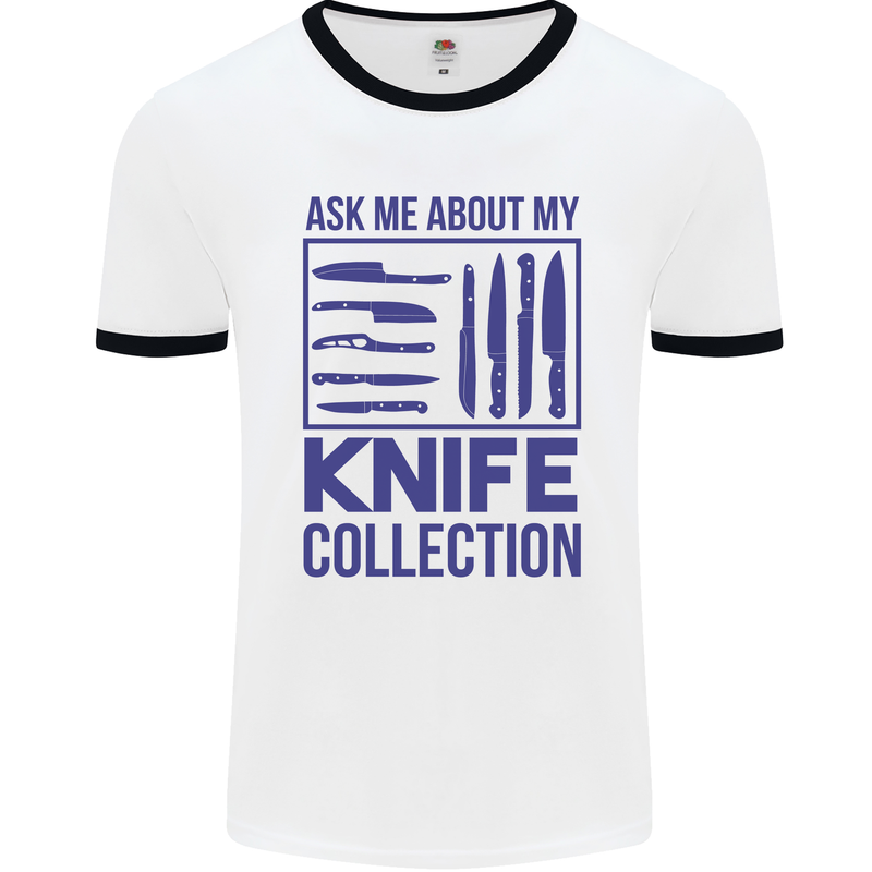 Ask About My Knife Collection Funny Chef Mens White Ringer T-Shirt White/Black